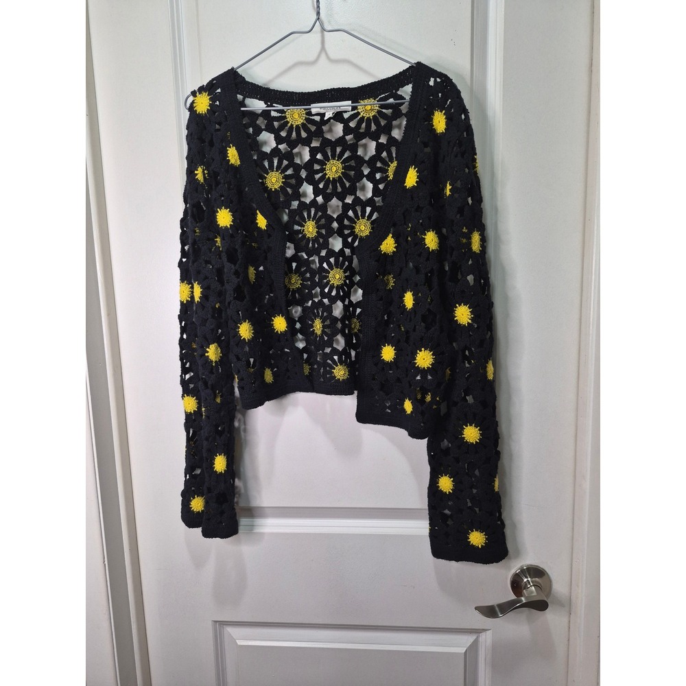 Francescas Black Yellow Sunflower Crochet Cardigan Cropped Cotton Sweater M